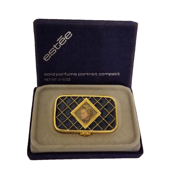 Estee Lauder Cobalt Blue Gilt Enamel Solid Perfume Portrait Compact Box Vintage - Picture 9 of 9